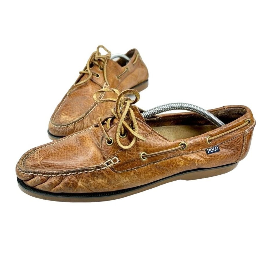 POLO Ralph Lauren Mens Size 12 Boat Shoes Bienne Tumbled Leather Lace Up Soft